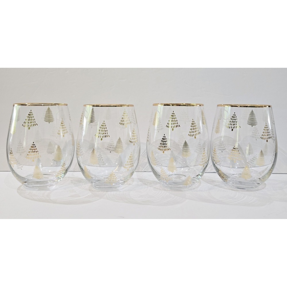 Mary Square Wine Cocktail Glass Christmas Tree Trees Gold Rim Cup Stemless